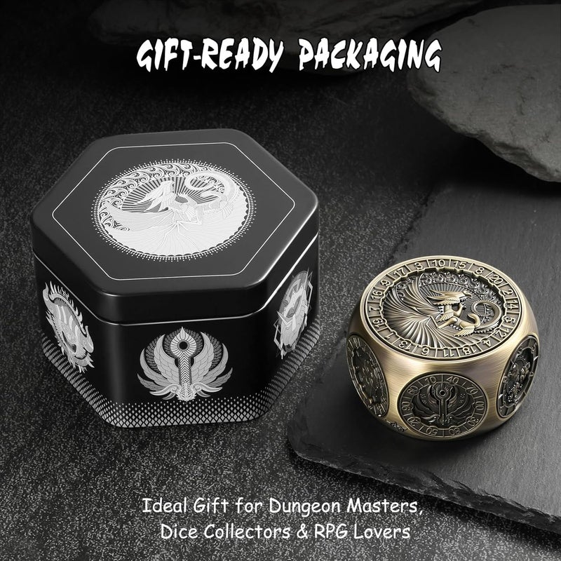 DNDND 8-in-1 Spinner Dice with Dual D20 - Hexagonal Metal D&D Monster Themed Dice Set for TTRPG Dungeons and Dragons, Dungeon Masters with Collectible Gift Tin (Brass) - Image 2